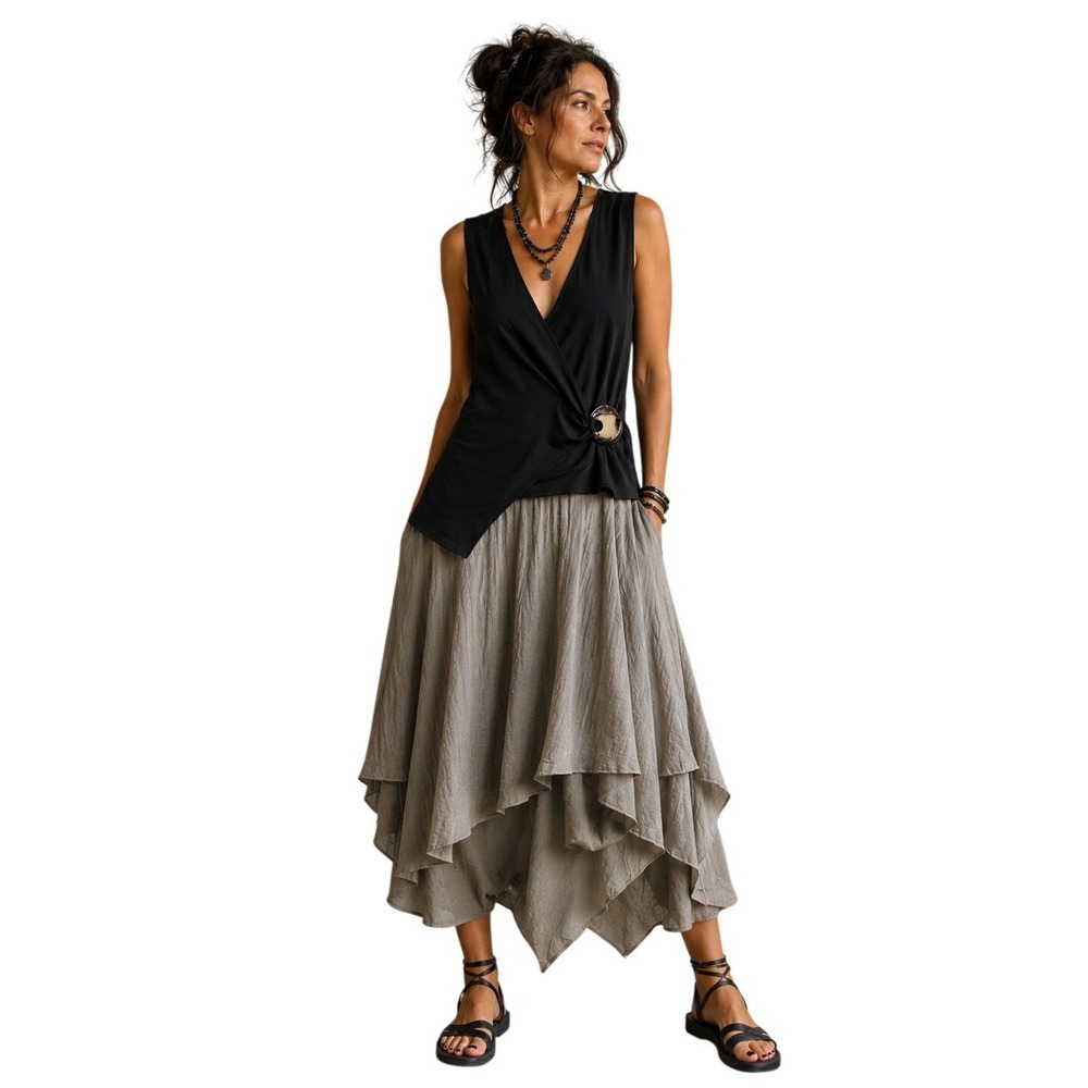 Erin Matthews Black Asymmetric V-Neck Sleeveless Top L Oversize Button Lagenlook